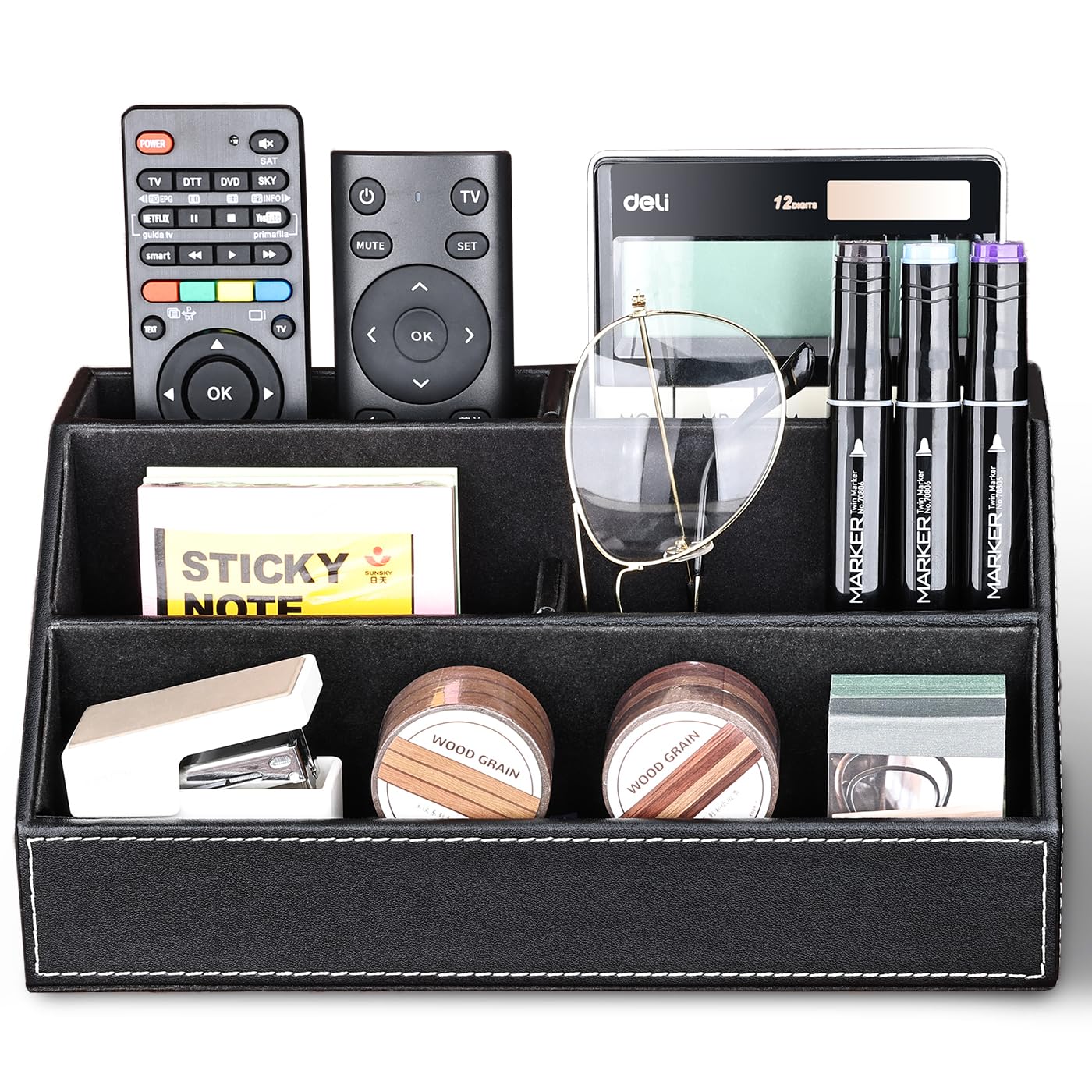KINGFOM Pu Leather Desk Organizer with 5 Compartments Holder, Multi-Functional Office Supplies Storage Caddy for Pen/Pencil, Phones, Remote Controller and Desktop Accessorie Black