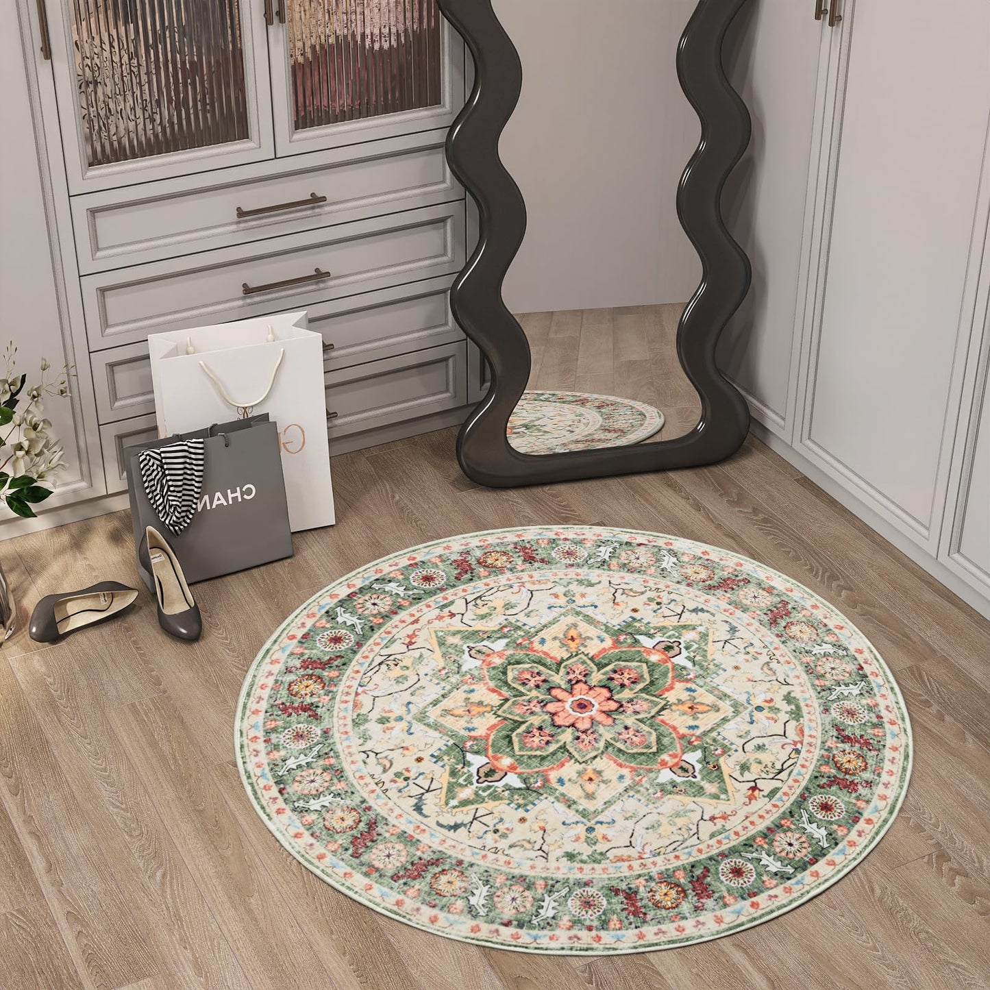 Round Rug for Living Room, 3Ft Round Washable Rug, Boho Small Circle Kitchen Area Rugs, Non Slip Low Pile Circular Rugs, Soft Round Carpet for Bedroom, Office, Kitchen Entryway, Bathroom (CreamGreen)