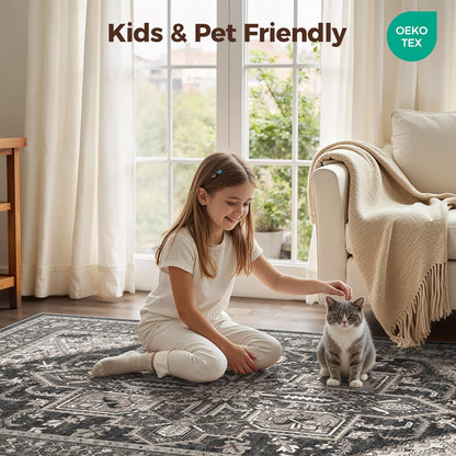 WITSHOCK Living Room Area Rugs 5x7: Washable Rug Boho Soft Non-Slip Low Pile Stain Resistant Foldable Carpet for Bedroom Playroom Dining Room Office Kitchen Farmhouse Home Decor Rug-Bitter Black