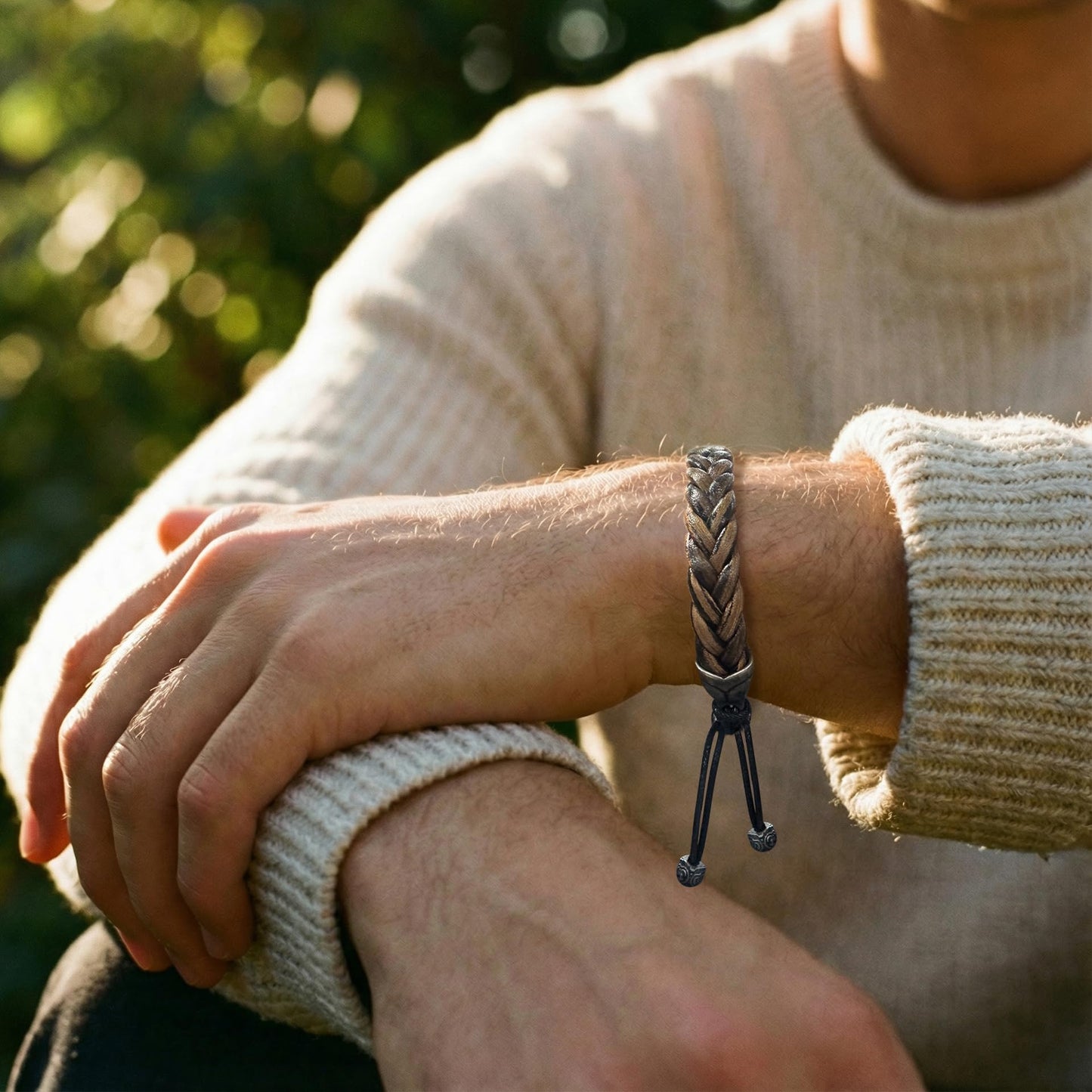 Hius Leather Bracelet for Men, Brown Adjustable Braided Leather Bracelet Wristband, Men's Leather Jewelry