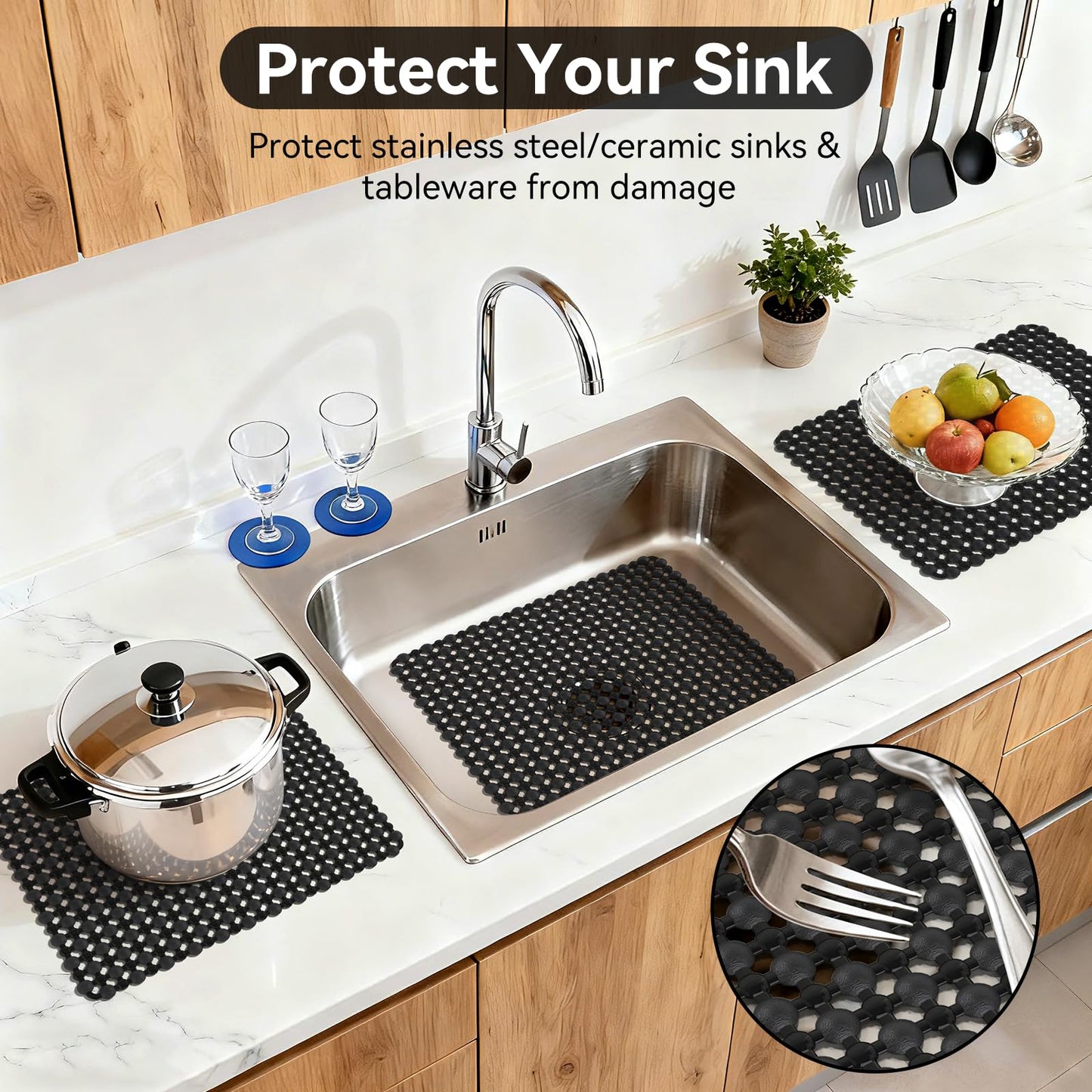QiCaiJia Kitchen Sink Mat for Stainless Steel Ceramic Sinks, PVC Sink Protectors Mats for Bottom of Kitchen Sink, Dishes and Glassware Drain Mats, Durable and Fast Draining, Black 15.7 x 11.8 inch