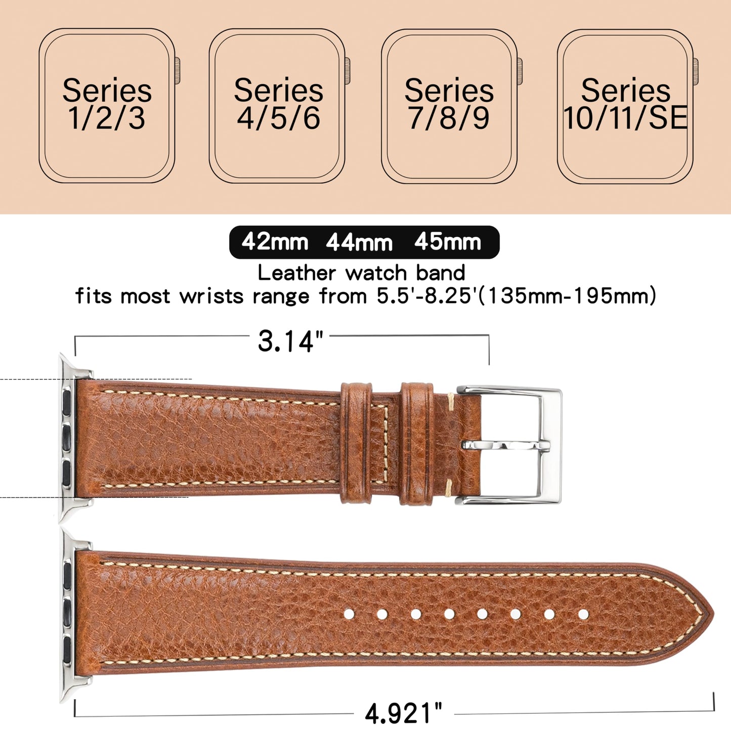 GOMVADR Top Grain Leather Band Compatible with Apple Watch, Tan Brown with Silver Buckle, Genuine Leather Strap for iWatch Series 9/8/7/6/5/4/3/2/1/SE/Ultra, 44/45/49mm (Tan Brown with Silver Buckle, 44/45/46 （24mm/Men's Size）)