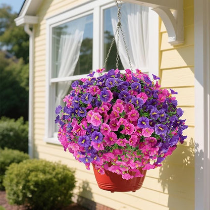 12 Bundles Artificial Flowers for Outdoors Decorations, Fake Flowers Artificial Plants Outdoor, Colorful Morning Glory Realistic UV Resistant for Garden Patio Porch Home Decor (Purple+RoseRed)