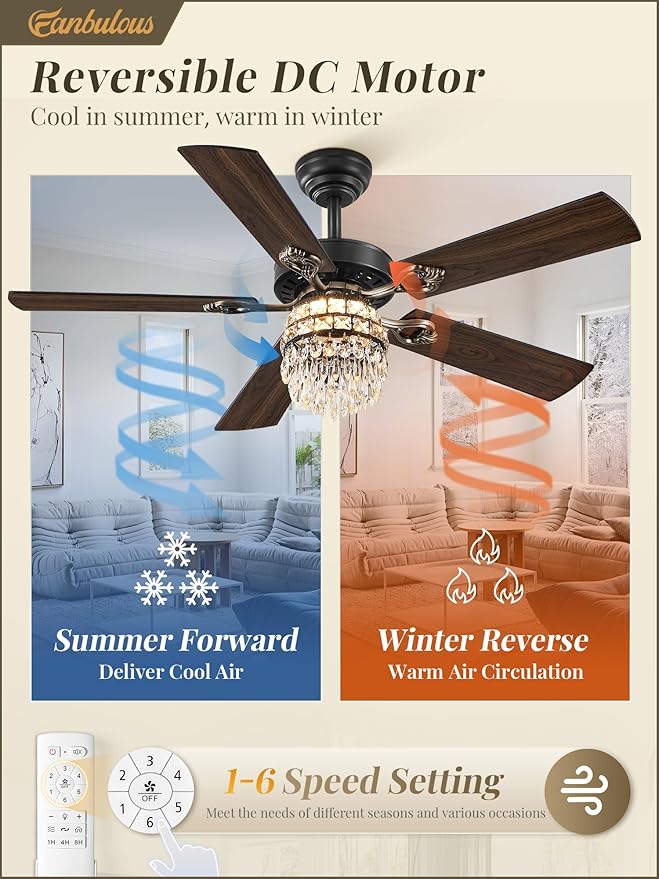 Fanbulous 48 Inch Crystal Chandelier Fan with 22w LED, Fandelier Ceiling Fan with Light, Dimmable, 3CCT, 6-Speeds, Quiet DC Motor, Ceiling Fan Chandeliers, Modern Ceiling Fans for Bedroom, Living Room