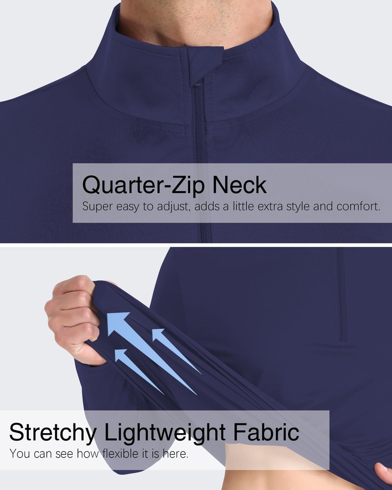 Mens Long Sleeve Shirts 1/4 Zip Pullover Sweatshirts UPF 50+ Sun Protection Wicking Moisture Dry Fit Lightweight Golf Workout Gym Running Casual Athletic Tops Navy Blue L
