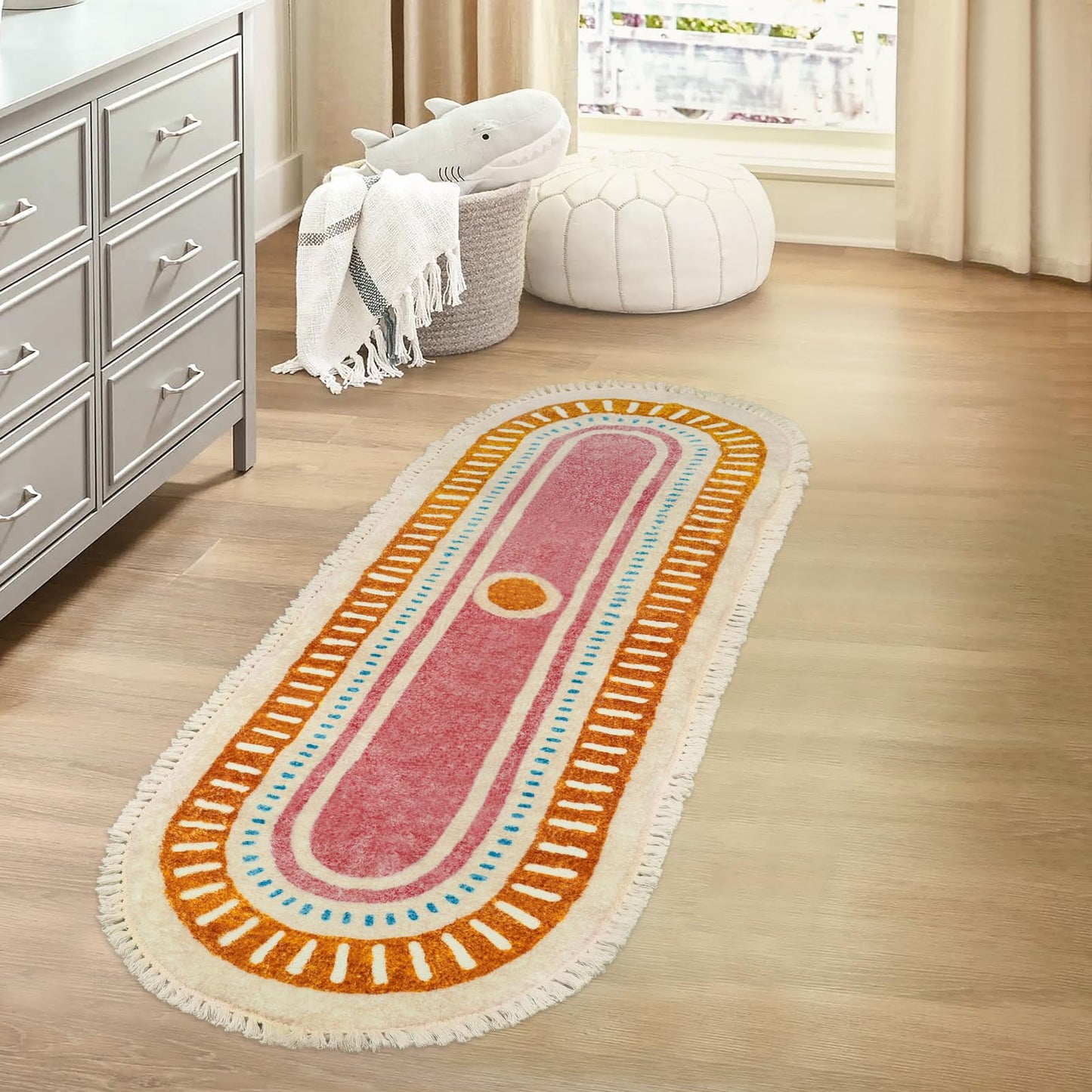 Lukinbox Boho Bathroom Runner Rugs with Fringes, 2x6 Oval Sun Washable Hallway Runner Rug, Extra Long Soft Non-Slip Rainbow Area Rug for Kitchen Laundry Room Entryway