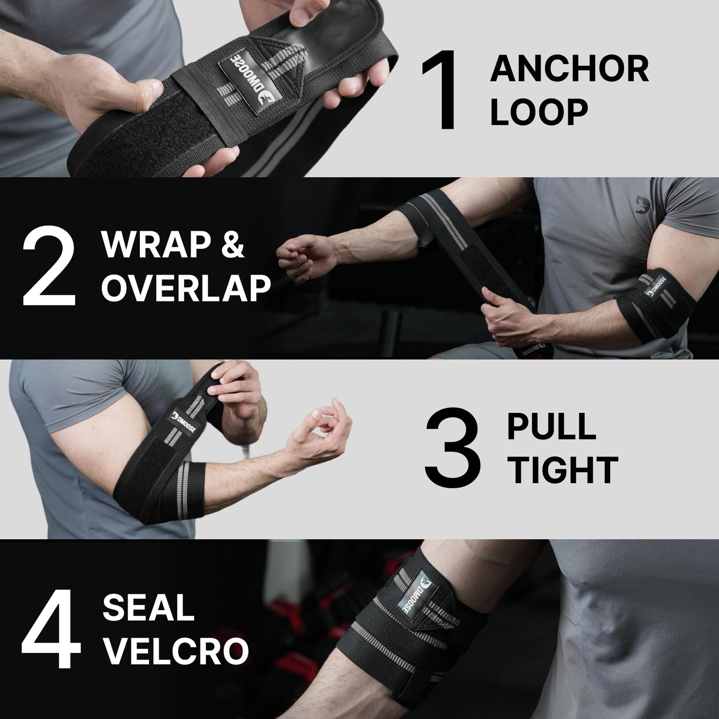 DMoose Fitness Elbow Wraps for Weightlifting (Pair) - 40'' Adjustable Elbow Strap for Gym Workout & Bench Press, Compression Elbow Wraps for Tendonitis & Joint Support, Elbow Sleeve (White Stripes)