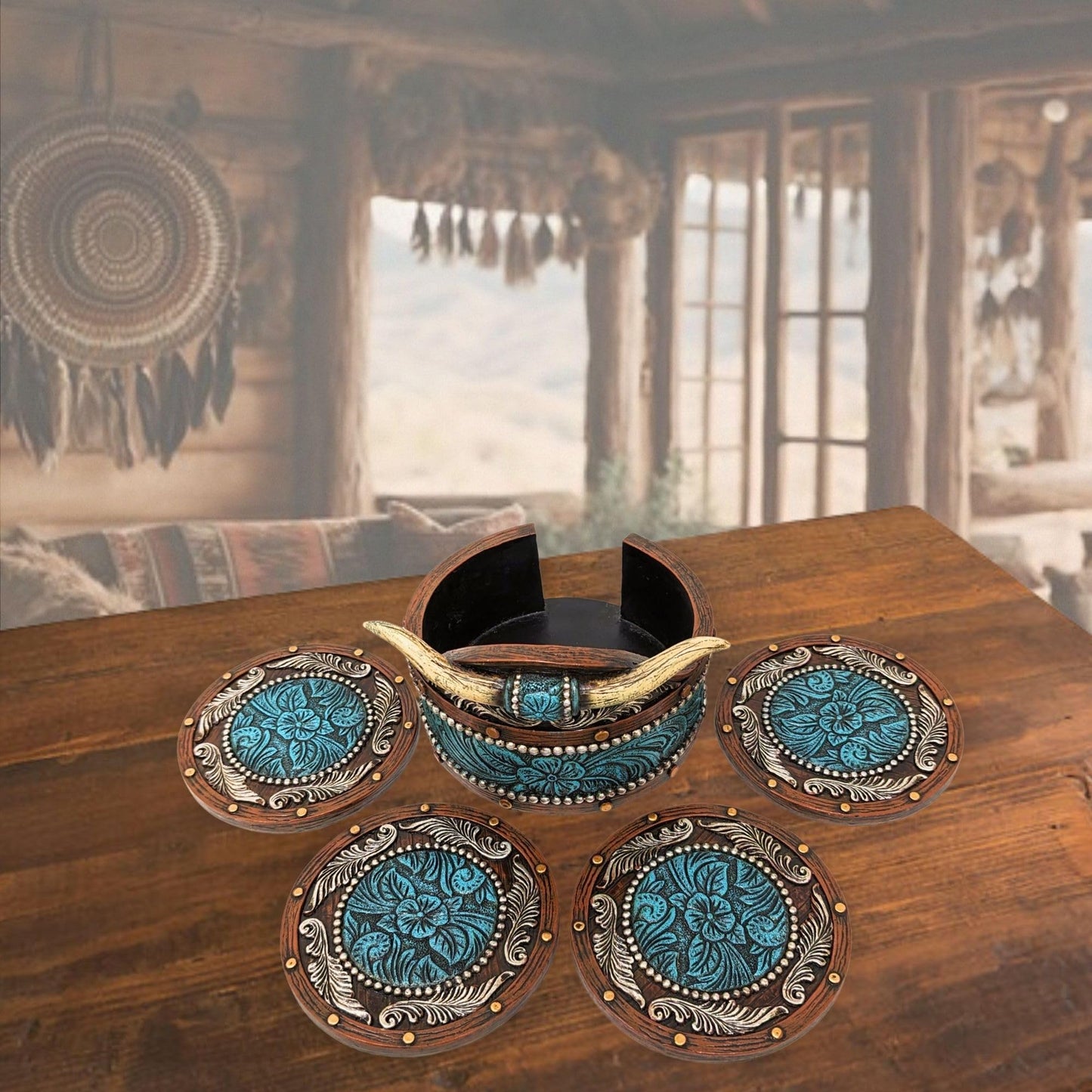 BestGiftEver Rustic Southwestern Coasters Set: Faux Horn & Tooled Leather-Inspired Western Home Decor, Lodge, Cabin - Unique Gift for Cowboy Ranch Theme Enthusiasts