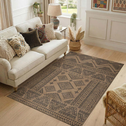 jinchan 5x7 Washable Faux Jute Area Rug, Boho Southwestern Geometric Natural Fiber Look Outdoor Rug, Low-Pile Non-Slip Floor Mat for Living Room Dining Room Bedroom Patio, Natural Charcoal