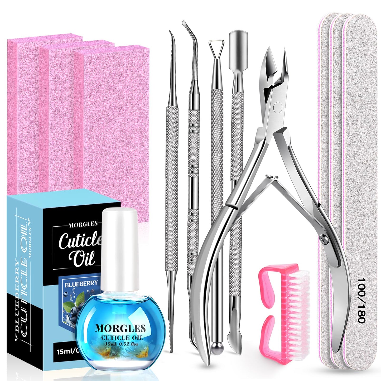 MORGLES Nail File and Buffer Blocks with Nail Care Kit, 13 Pcs Manicure Kit for Women with Milk and Honey Cuticle Oil and Cuticle Trimmer Set