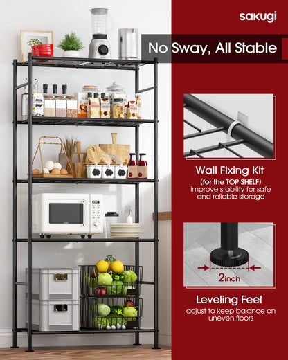 Storage Shelves - 5 Tier Shelf Organizer, Heavy Duty Garage Shelving Unit with Leveling Feet, Stable Metal Shelves Organizer for Pantry, Kitchen and Closet, 33.0" W x 12.6" D x 72.0" H, Black
