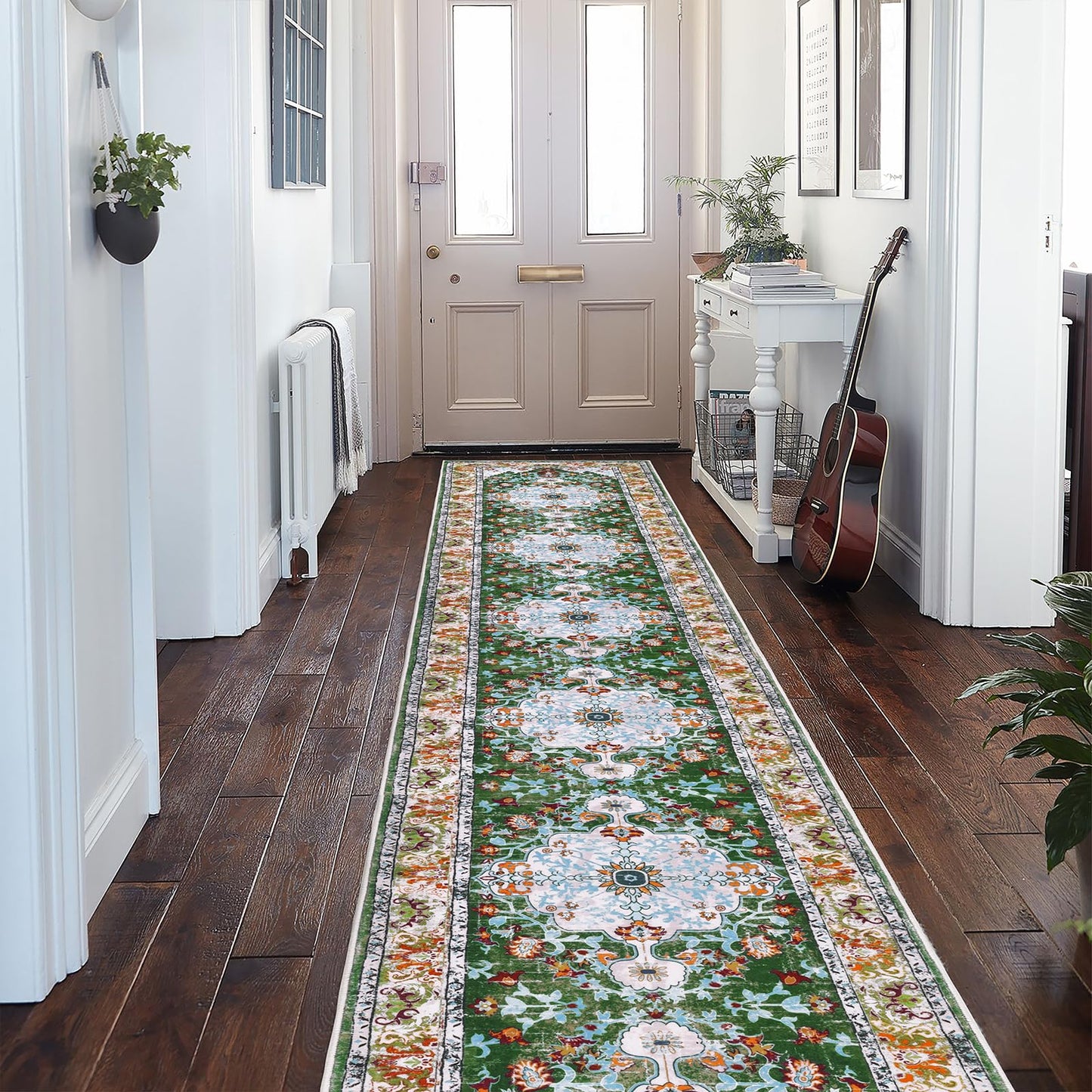 U'Artlines 2' x 14' Long Boho Hallway Runner Rug, Non Slip Washable Vintage Farmhouse Accent Area Rug Carpet for Kitchen Entryway Laundry and Living Room Green