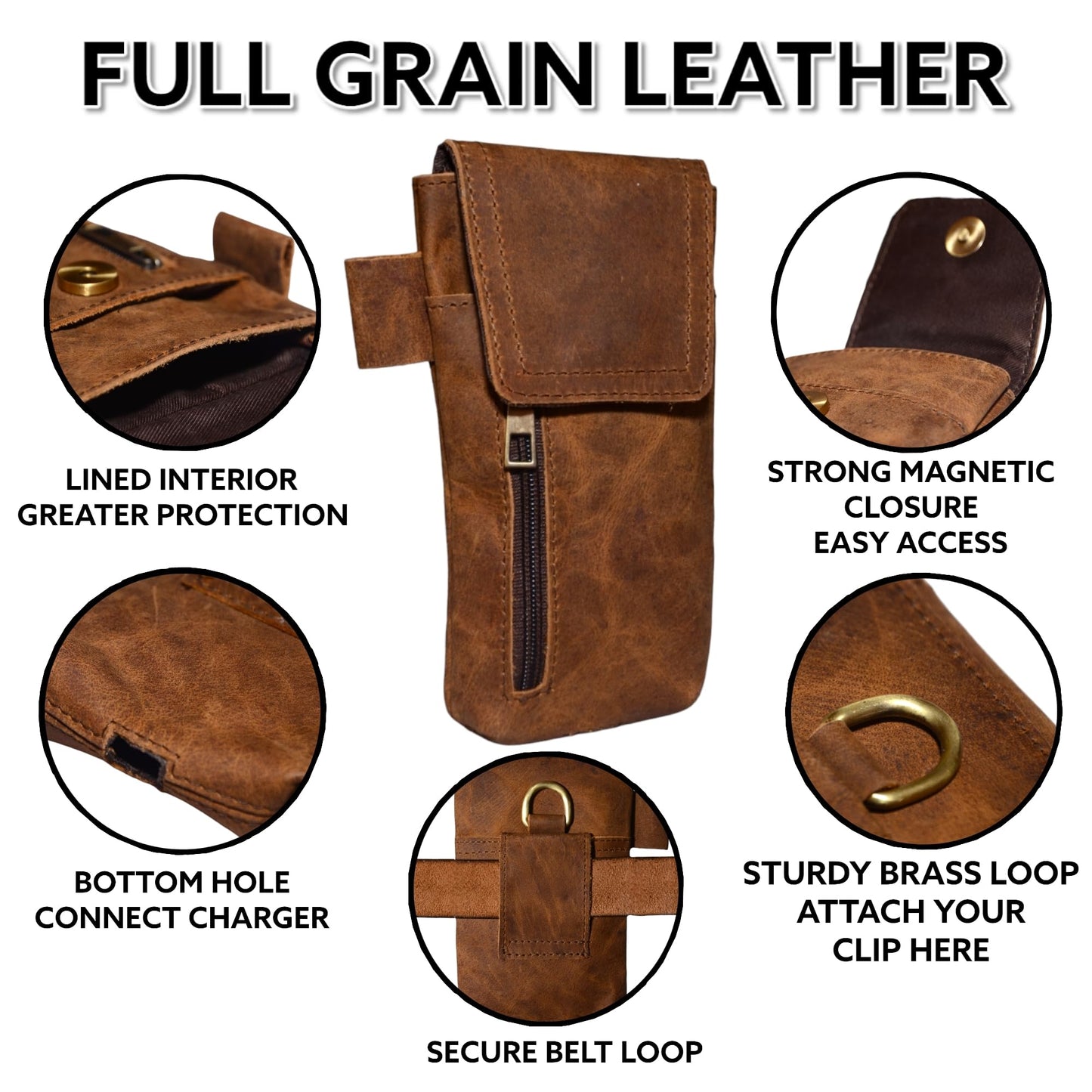 Leather Phone Holster – Genuine Full-Grain Buffalo Leather Cell Phone Holsters Holster for Large Smartphones Belt Holder - 7”H x 3.5" W