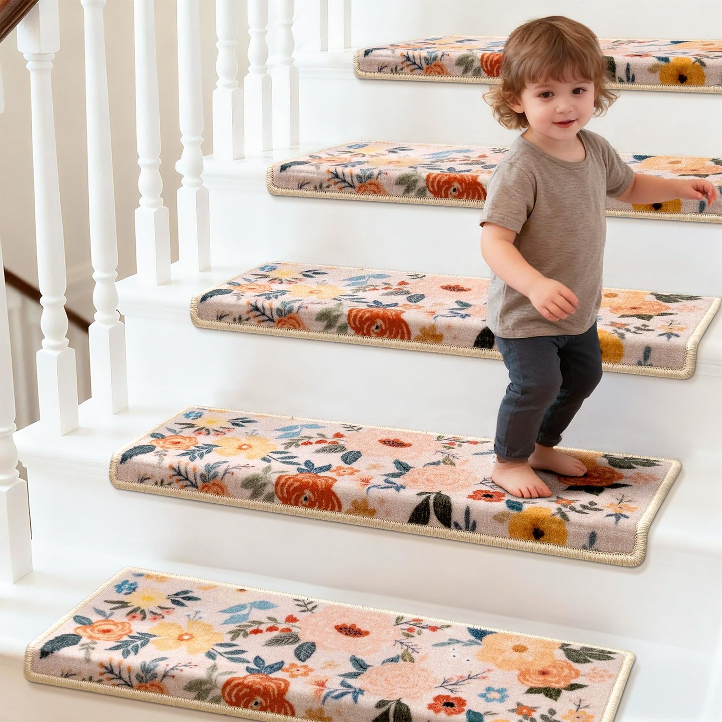 RORA Bullnose Stair Treads for Wooden Steps,Non-Slip Peel and Stick Stair treads Stair Carpet for Indoor Runner and Pets,Floral Stair Rugs,Soft Washable Staircase 7pcs 29.5 ''x9.5 ''x1.5 ''