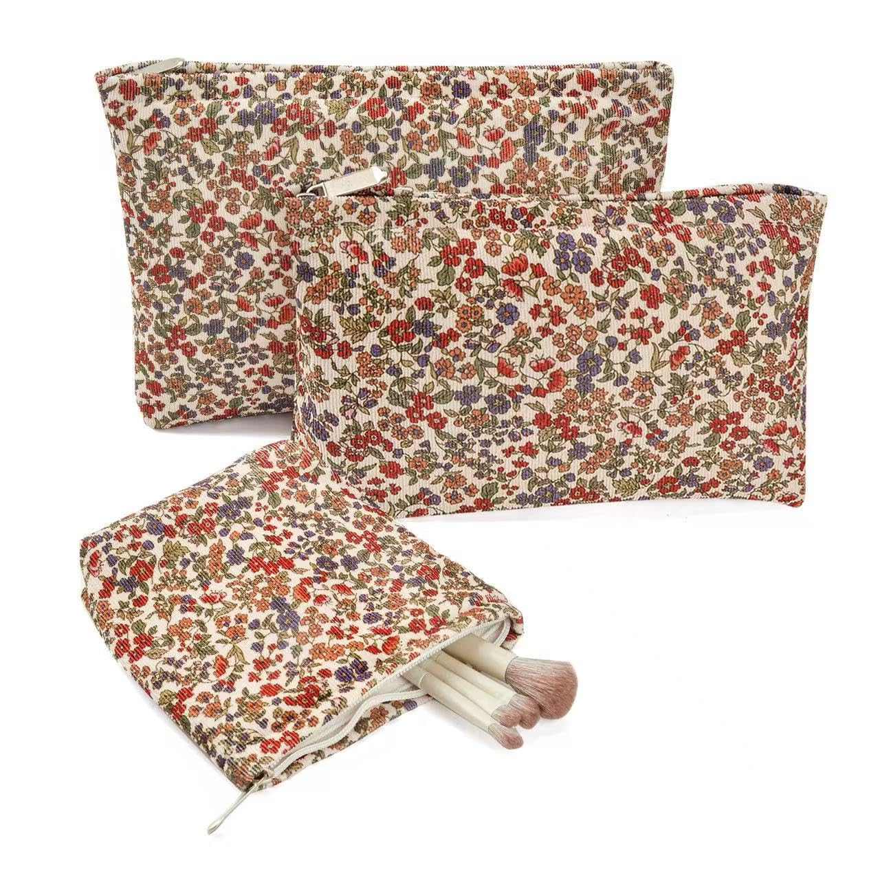 3Pcs Floral Makeup Bags, Cosmetic Bags for Women, Large Capacity Corduroy Makeup bag Set and Portable Mini Makeup Bag,Aesthetic Women Handbags Purses, Travel Essentials Aesthetic Stuff (Floral 01)