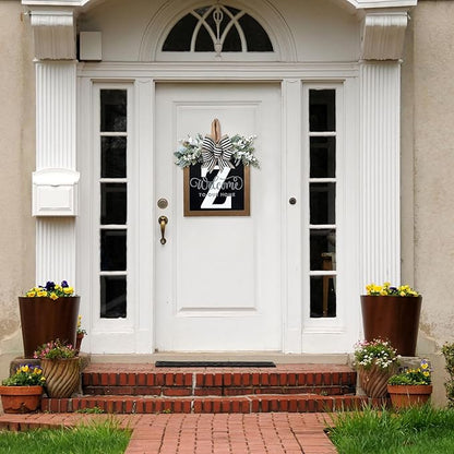 Ultra Large 14'' Last Name All Year Round Front Door Wreath with 26 Initial Letter Welcome Sign All Seasons Eucalyptus Garland and Bow Wreaths for Front Door Porch Farmhouse Decoration (Z)