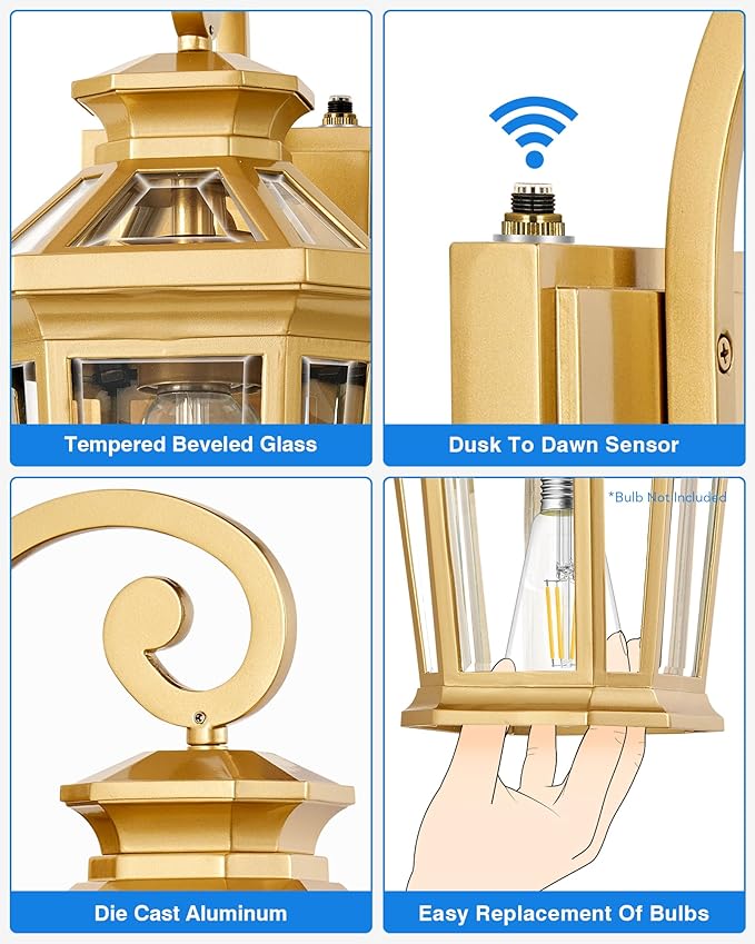 Porch Lights Outdoor, Dusk to Dawn Exterior Lighting Fixtures, Gold Wall Lanterns Wall Mount, Waterproof Anti-Rust Outdoor Sconce Lights for Garage, Patio Wall Light Fixture with Beveled Glass