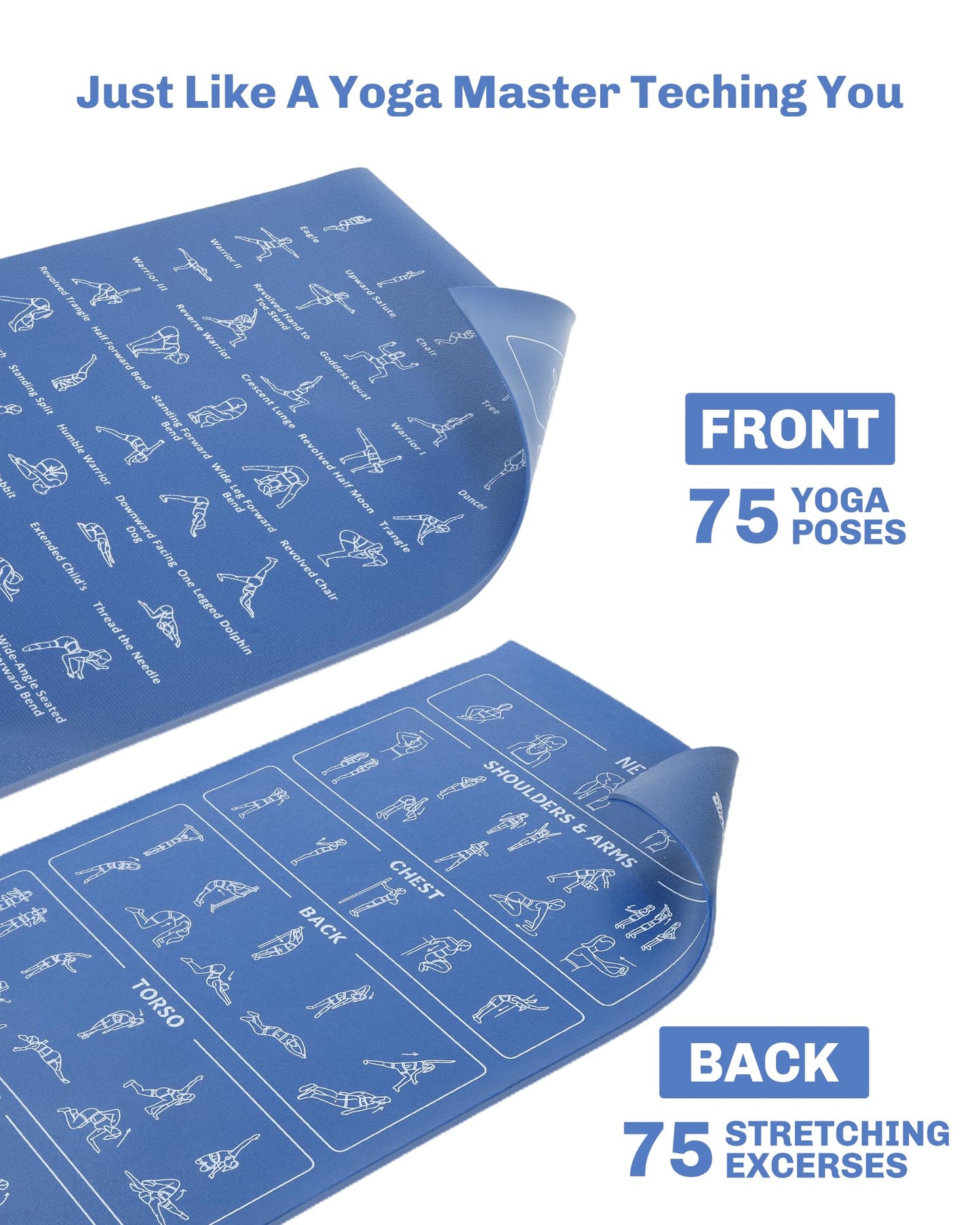 Instructional Travel Yoga Mat with 75 Poses & Exercises - Non-slip Exercise Mat for Home Workout, Includes Carrying Bag - Perfect for Beginners, 68"x24"x0.25"