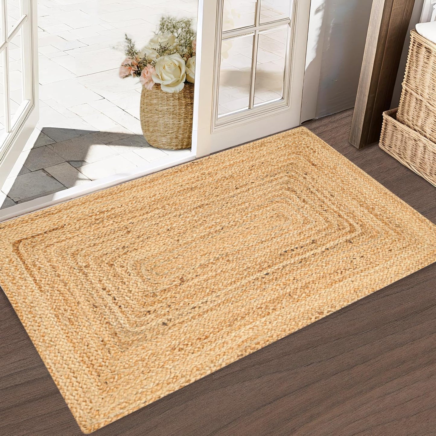 KEMA Handwoven Rectangular Jute Braided Rug 2'x3 ft' – Natural Reversible Farmhouse Boho Rug for Entryway, Kitchen, Living Room & Indoor Outdoor Use