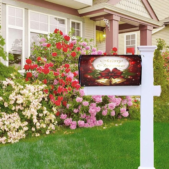 Christmas Mailbox Covers Merry Christmas Bell Snowflake Magnetic Letter Post Box Cover Standard Size 21 x 18 Inch Garden Yard Home Decorative