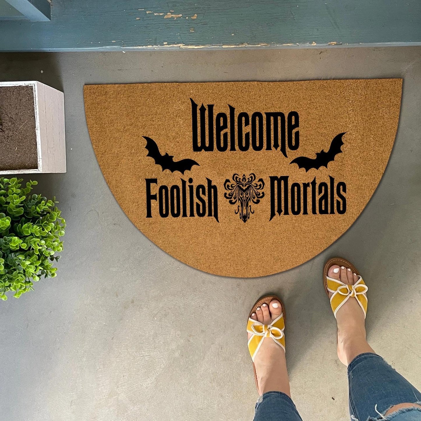 Funny Half Round Door Mat Front Door Mat Entryway Outdoor Mat with Heavy Duty Front Porch Welcome Mats Entry Brown Mat 29.5 x 17 inch (Welcome Foolish Mortals)