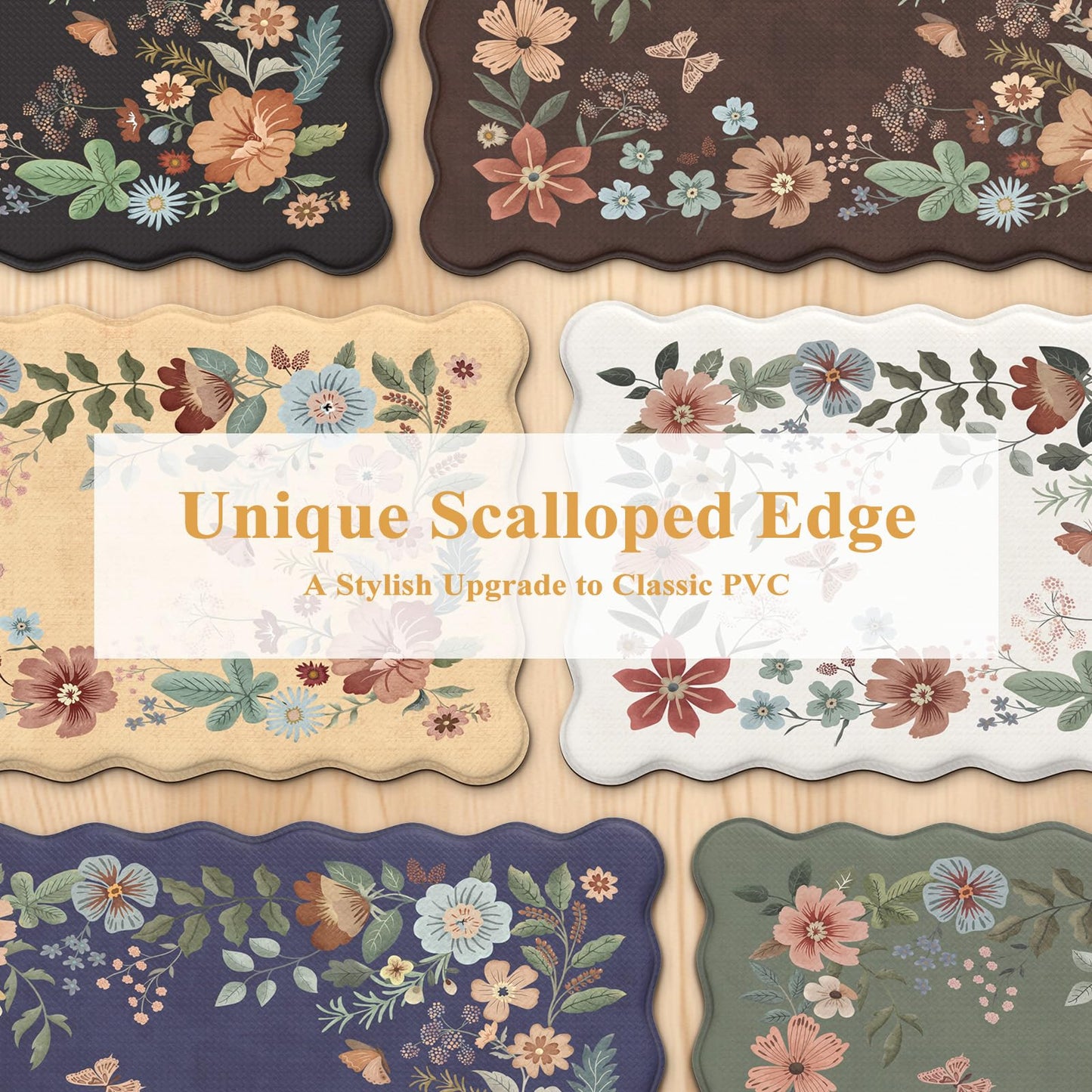 Collive Kitchen Floor Mat Cushioned Anti Fatigue, Scalloped Waterproof Kitchen Sink Rugs Non Skid Sets of 2, Memory Foam Comfort Standing Mats Boho Floral Desk Carpet for Laundry, Office, Home Decor