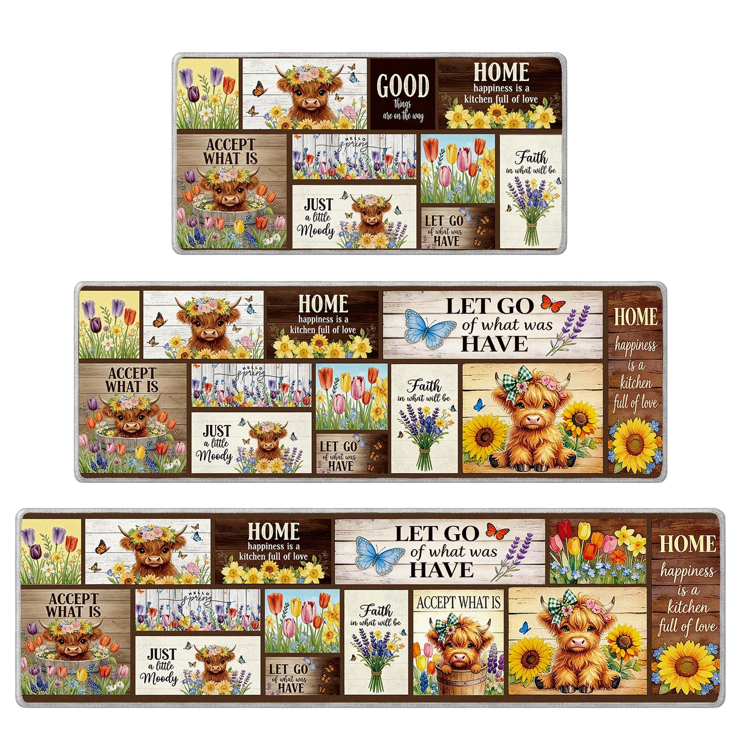 InIsaJace Highland Cow Kitchen Decor - 3 Pcs Highland Cow Kitchen Rugs and Mats, Farmhouse Cattle Non Slip Rug Spring Seasonal Floor Mats for Home Door Bathroom (16x31 + 16x47 + 16x59 Inch)