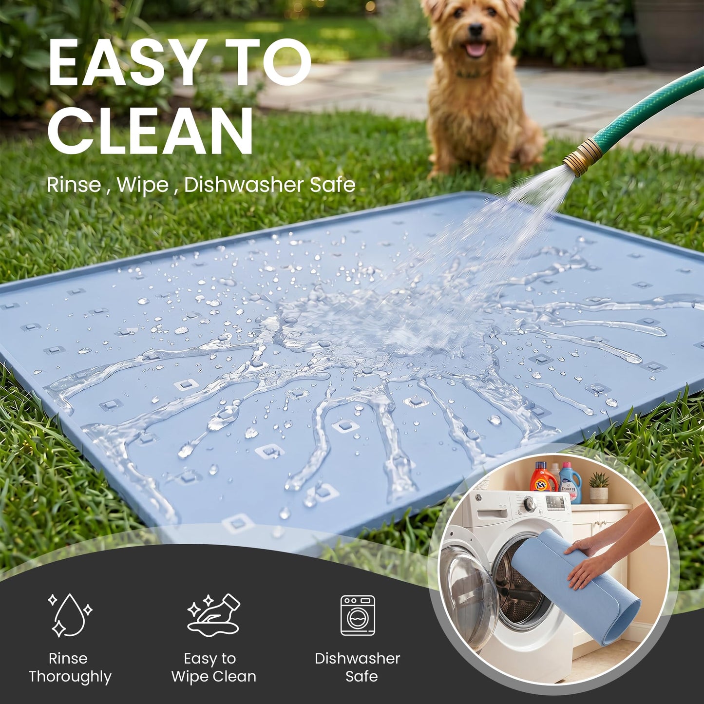 TCULOSD Silicone Pet Feeding Mat, 26x18 Inch Waterproof Dog Bowl Mat – Non-Slip, Machine Washable, Thin 0.23 Inch Edge for Messy Eaters, Protects Hardwood & Tile Floors, Blue