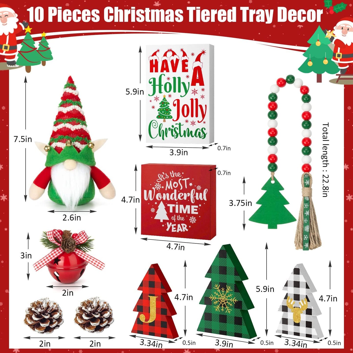 Farmhouse Christmas Tiered Tray Decor - 10 PCS Set with Wooden Signs & Gnome Plush - Kitchen Table, Mantel, Party