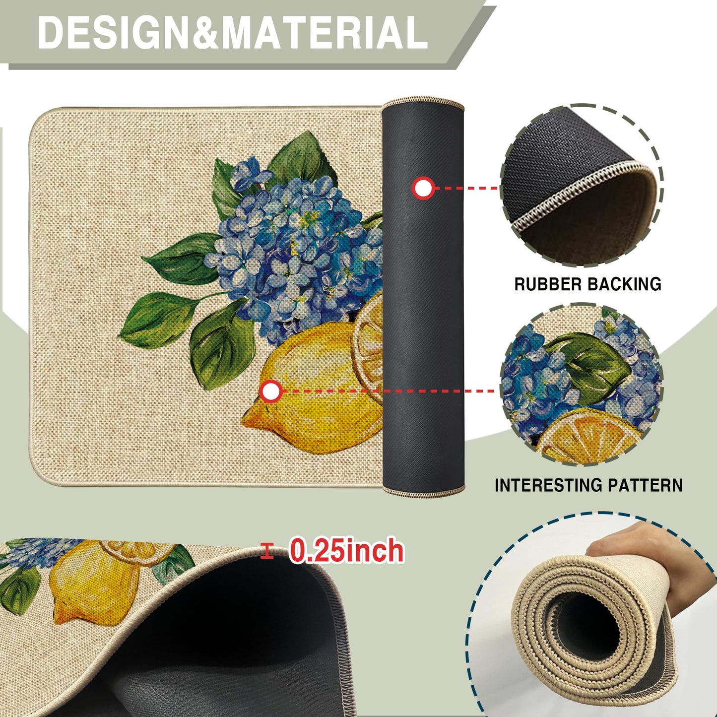 Tikeciti Summer Lemon Kitchen Mats Set of 2, Almafi Italy Blue Hydrangea Kitchen Rugs Sunshine Bee Floor Rug Non-Slip Low Profile Mat Seasonal Farmhouse Home Decor 17x29 and 17x47 Inch