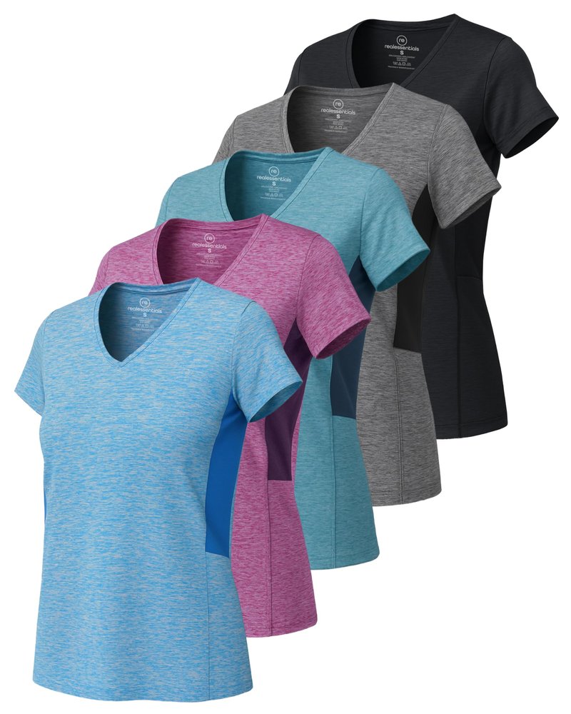 Real Essentials 5 Pack: Women's Dry-Fit Short Sleeve V Neck T Shirt Workout Fitness Yoga Top Tee, Set 4, XL