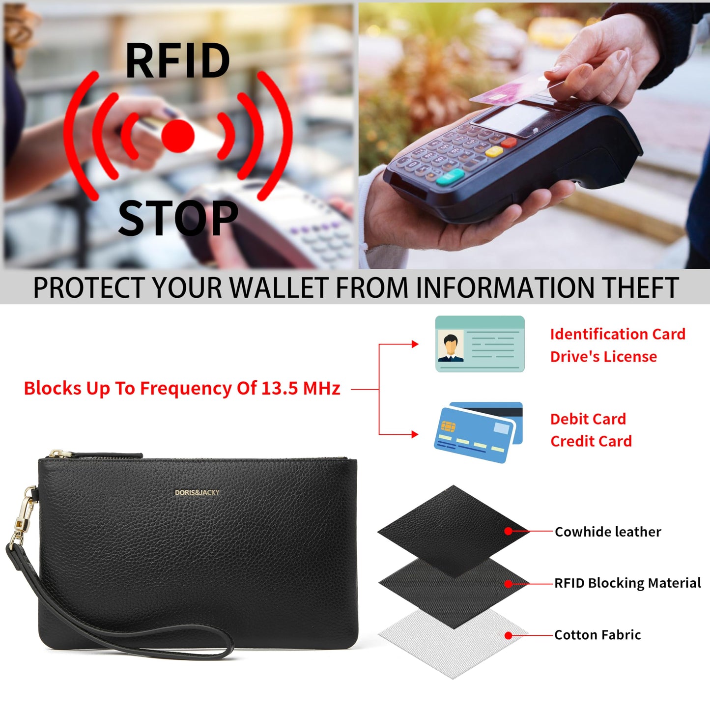 DORIS&JACKY Small Leather Wristlet Clutch Purse for Women Slim Designer Wallet and Cellphone Pouch Bag With Detachable Strap (Black)