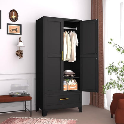 GAIOUS Metal Armoire Wardrobe Closet Cabinet with 2 Doors and Drawer, 71" | Household Wardrobe Cabinet with Hanging Rod, Clothing Storage Cabinet with Adjustable Shelf for Bedroom Cloak Room Gym Black