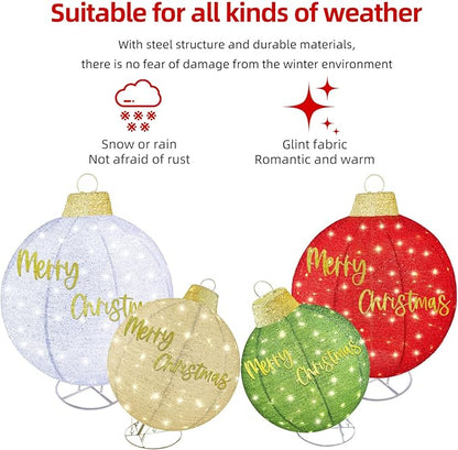 HOYECHI 4-Piece Oversized Christmas Ornament Set – Lighted Holiday Balls with 400 LEDs, 8 Lighting Modes, Waterproof Outdoor Yard Decorations - Red/Green/White/Yellow