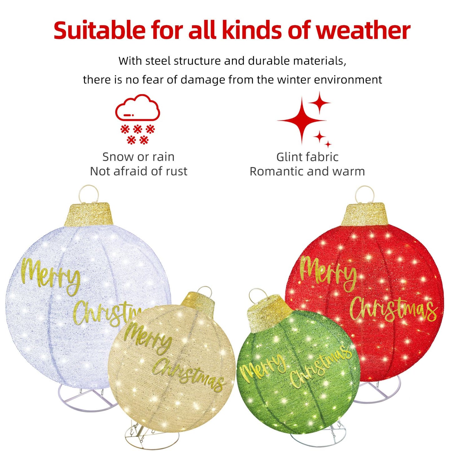 HOYECHI 4-Piece Oversized Christmas Ornament Set – Lighted Holiday Balls with 400 LEDs, 8 Lighting Modes, Waterproof Outdoor Yard Decorations - Red/Green/White/Yellow