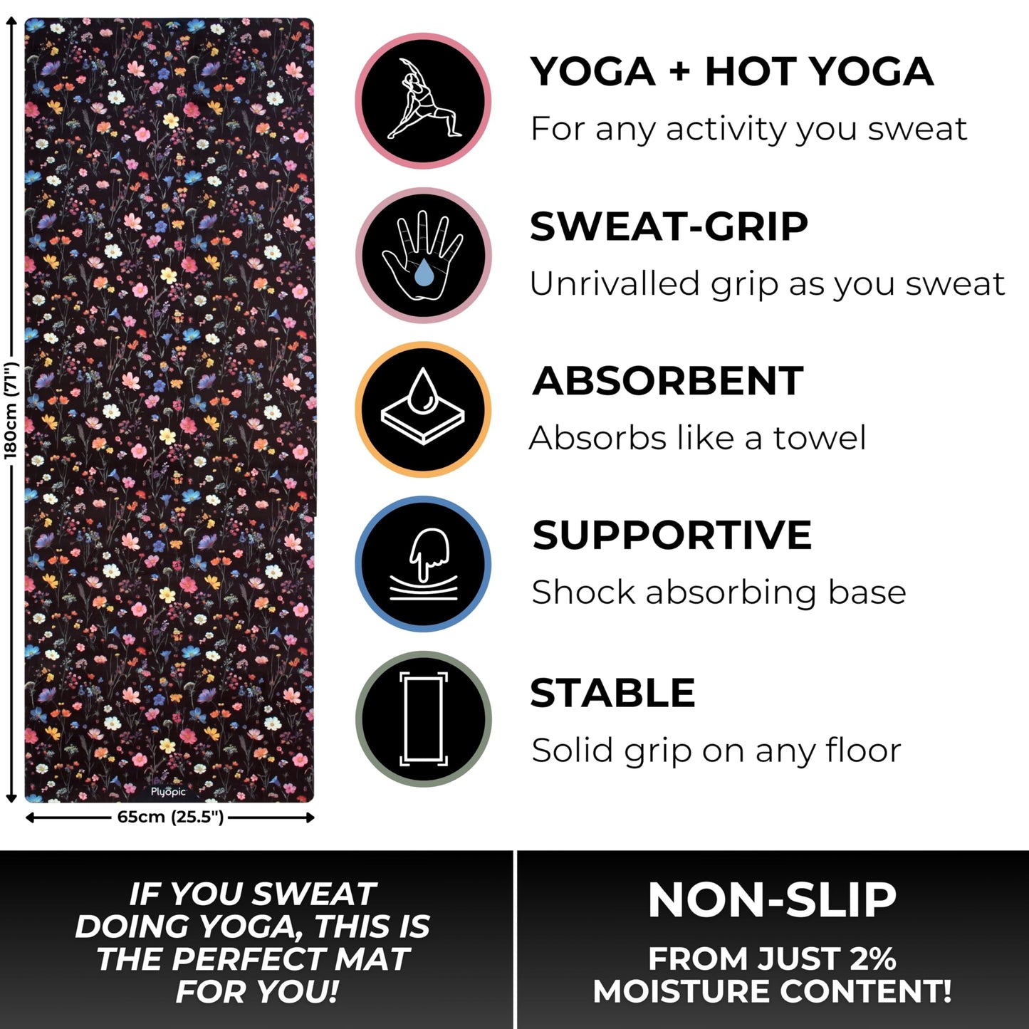 Plyopic. All In One Yoga Mat | Luxury Sweat-Grip Mat/Towel Combo | Ideal for Yoga, Hot Yoga, Bikram, Pilates, Workout & Exercise | Eco-Friendly Natural Rubber