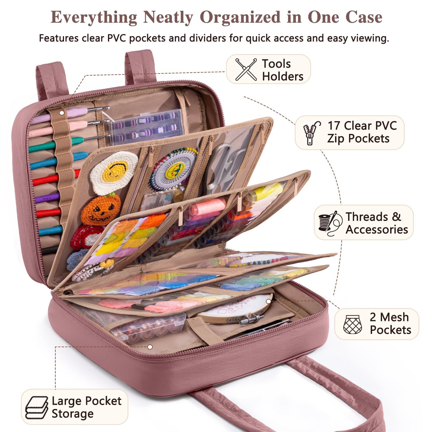 AMOIGEE Sewing Supplies Organizer Bag, Large Craft Storage Tote with 17 Clear Pockets&Tool Holders, Portable Crochet Knitting Embroidery Organizer Case for Threads, Hooks, Needles & Sewing Accessories