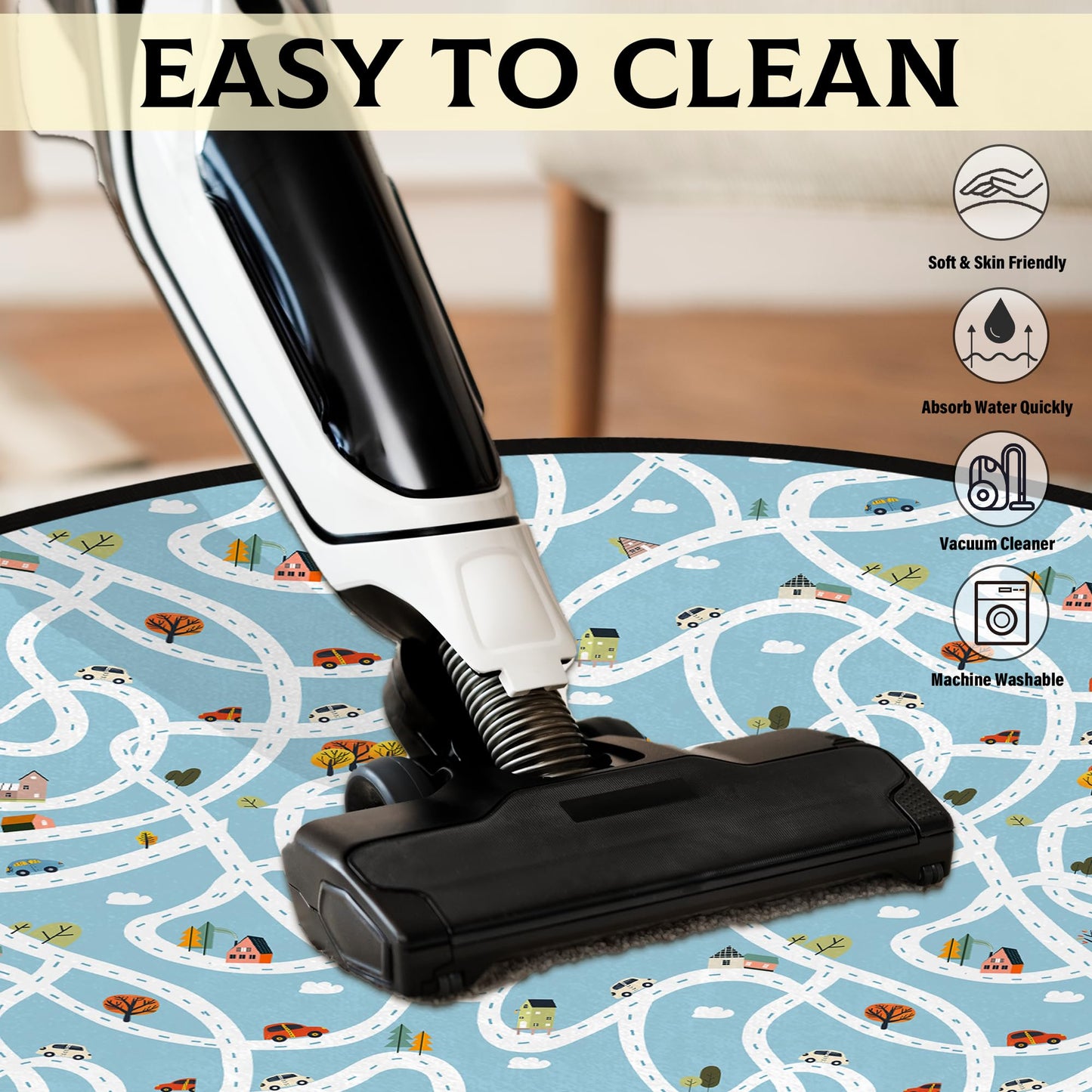 HUXINO Kids Play Mat with Maze City Road Map, Non-Slip Half Circle Rug for Car Play, Interactive Educational Game Mat for Bedroom and Playroom, 36x24 Inch