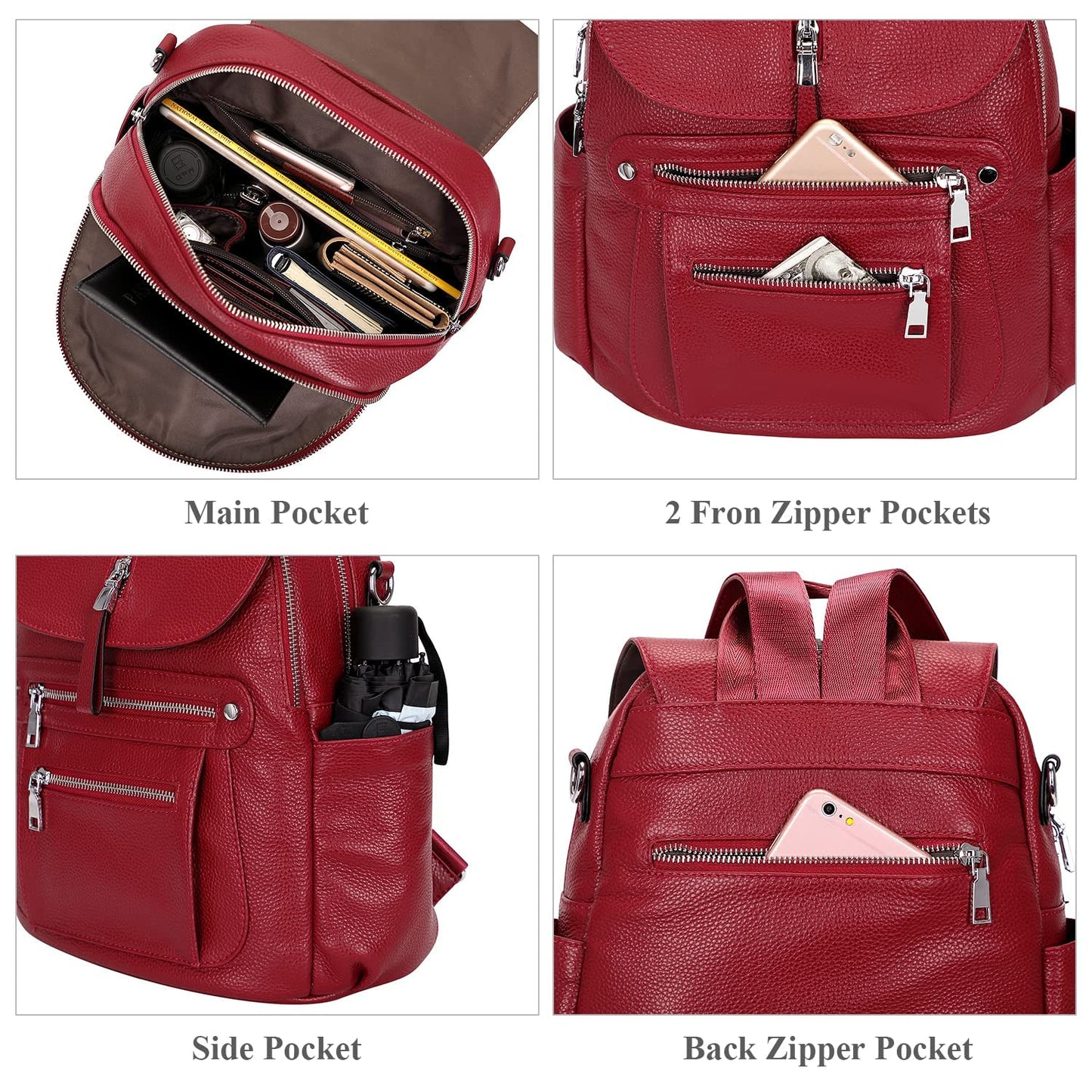 ALTOSY Leather Backpack Purse for Women Fashion Casual Handbag with Multi Pockets and Flap (S107 Wine Red)
