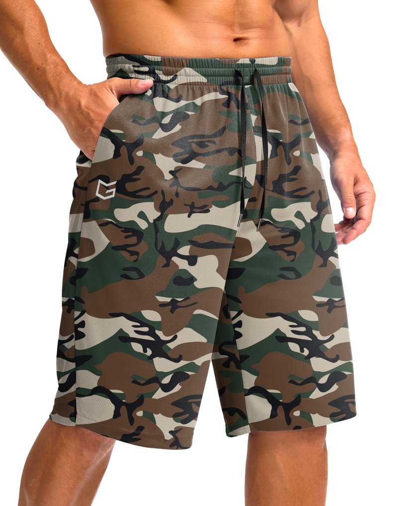 G Gradual Men's Athletic Shorts with Pockets 9" / 11" Long Basketball Shorts Lightweight Quick Dry Gym Workout Shorts for Men(Green Camo,L)