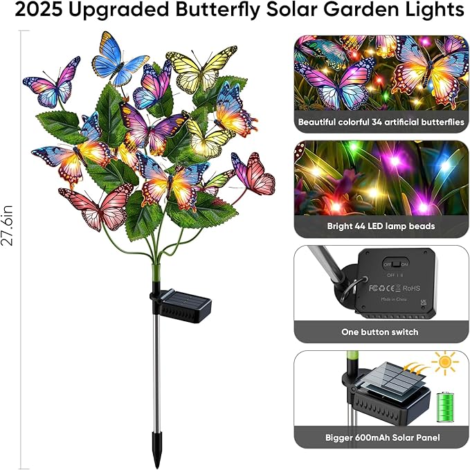Solar Lights Outdoor Garden Decor: Gardening Gifts for Women Mom - 4 Pack 68 Butterfly Solar Lights with Colorful Bulbs - Outside Waterproof Christmas Decorations for Yard Patio Pathway Porch Lawn