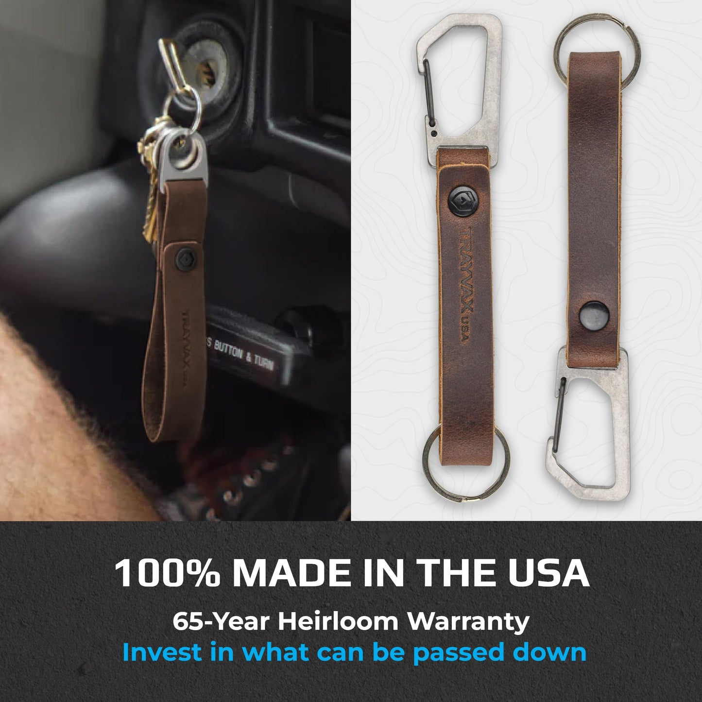 Trayvax Keyton Leather Keychain, Quick Release Carabiner Clip Key Chain for Men and Women, Stainless Steel, Raw Mississippi Mud