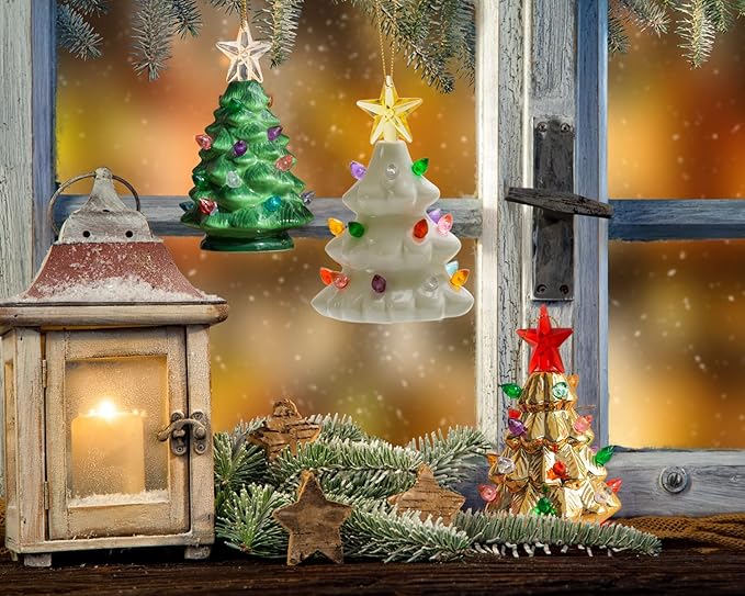 B SEPOR Set of 3 Mini 4.5" Inch Nostalgic LED Ceramic Christmas Tree with Lights Xmas Tree That Light Up Hanging Ornaments White Golden Green Assorted for Holiday Decoration and Gifts