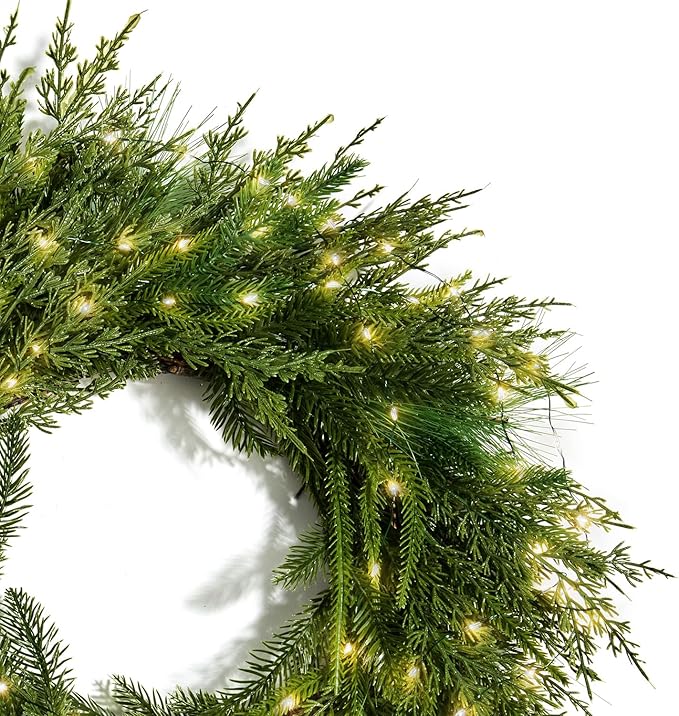 LampLust Winter Wreaths for Front Door Outside, 24 Inch Alpine Fir, Hemlock & Cypress Evergreen Wreath, 100 LED Lights, Battery Powered, Timer, Farmhouse Wreath Year Round, Winter Wreaths for Indoors