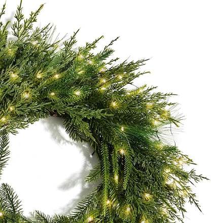 LampLust Winter Wreaths for Front Door Outside, 24 Inch Alpine Fir, Hemlock & Cypress Evergreen Wreath, 100 LED Lights, Battery Powered, Timer, Farmhouse Wreath Year Round, Winter Wreaths for Indoors