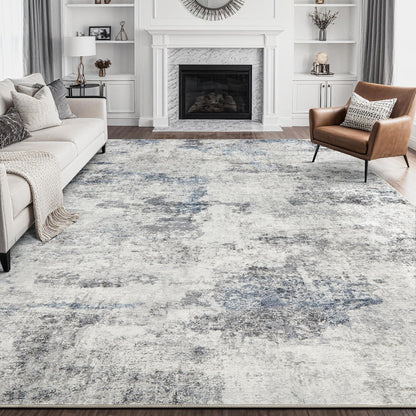 DMOYEST 10x14 Area Rug for Living Room, Washable & Non Slip Large Indoor Carpet, Kid & Pet Friendly Soft Thin Low Pile Abstract Rug for Bedroom and Office - Grey Blue
