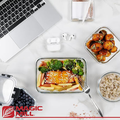 Magic Mill Premium Borosilicate Glass Food Storage Containers with lids Set | 24pc Sets with 12 Bowls & 12 Airtight Locking Lids for Lunch & Meal Prep, Safe for Oven, Freezer, Dishwasher, BPA-Free