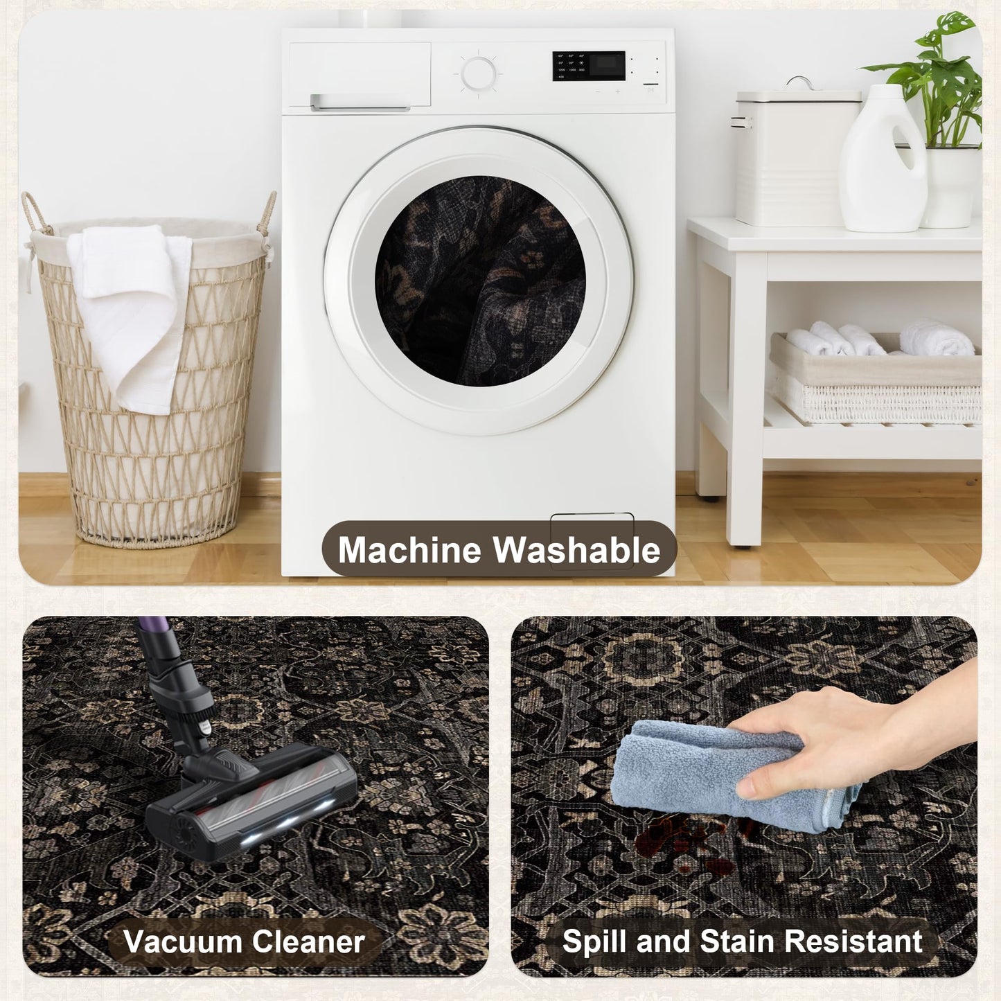 2x3 Entryway Rug Black Gold Washable Rugs for Entryway Kitchen Low Pile Non-Slip Door Mat Traditional Distressed Small Carpet for Kitchen Entrance Bathroom