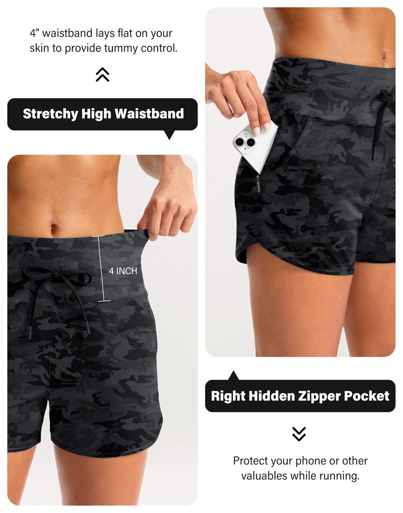Soothfeel Women's Athletic Running Shorts with Zipper Pockets 3" High Waisted Workout Active Gym Shorts for Women with Liner Black Camo Medium