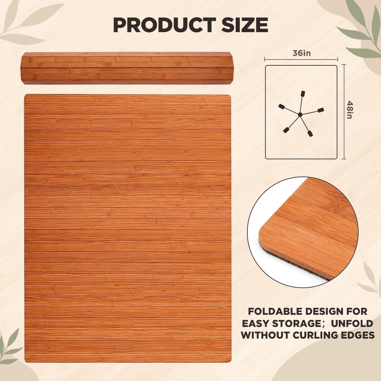 Leinuosen 36" x 48" Office Bamboo Chairmat for Carpet Floor Mat Highly Premium Quality Anti-Slip Office & Home Floor Protector Low Pile Carpet Chair Mat, 5mm Thick(Without Lip, Walnut Wood)